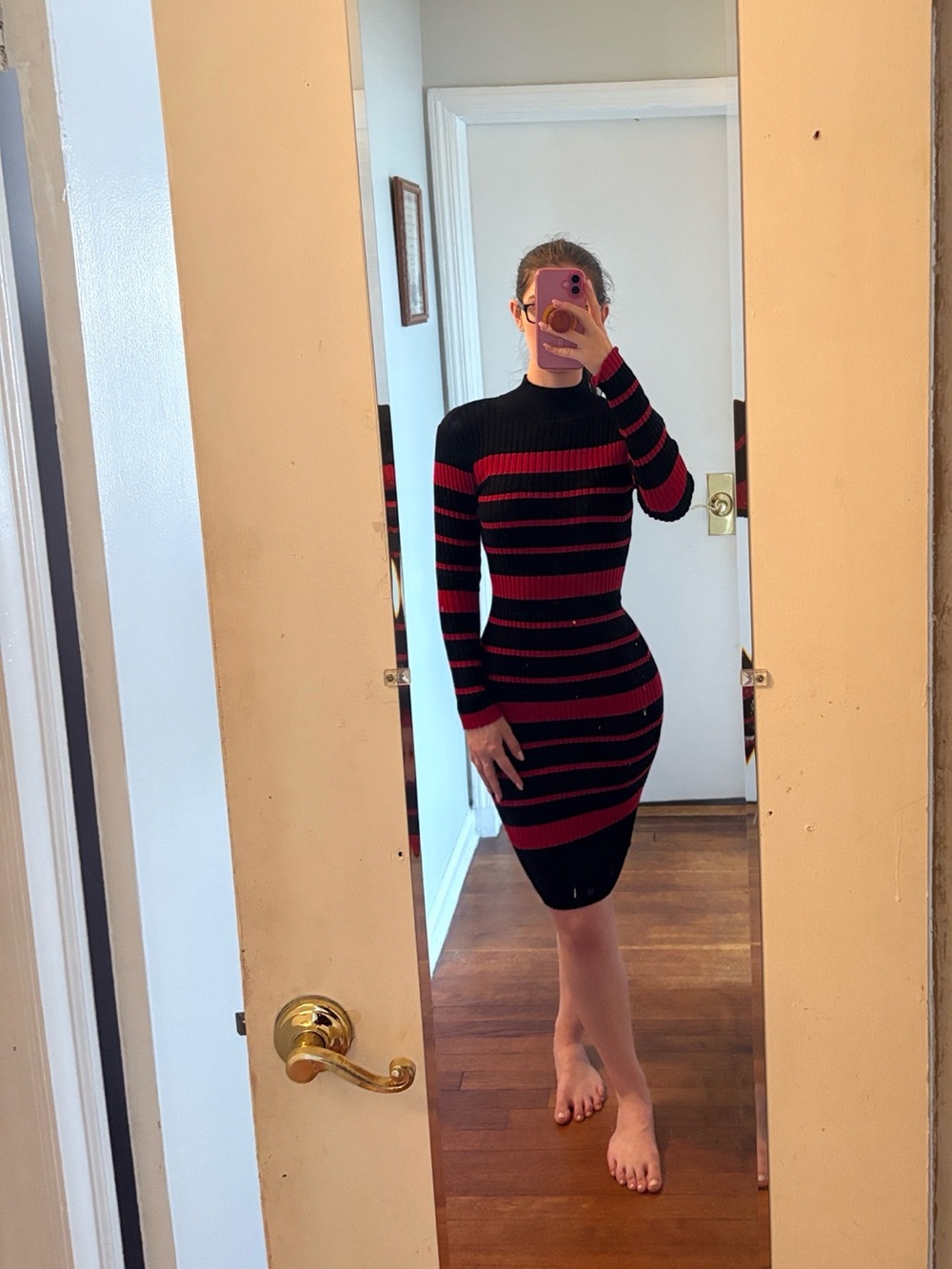 Nina Leonard Ribbed Stripped Long Sleeve Turtleneck Sweater Dress - Black & Red